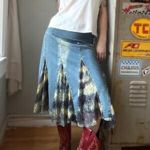 Vintage Y2K Scandi Denim Midi Skirt | Boho Lace Panel Pleated Flare | Size 29"